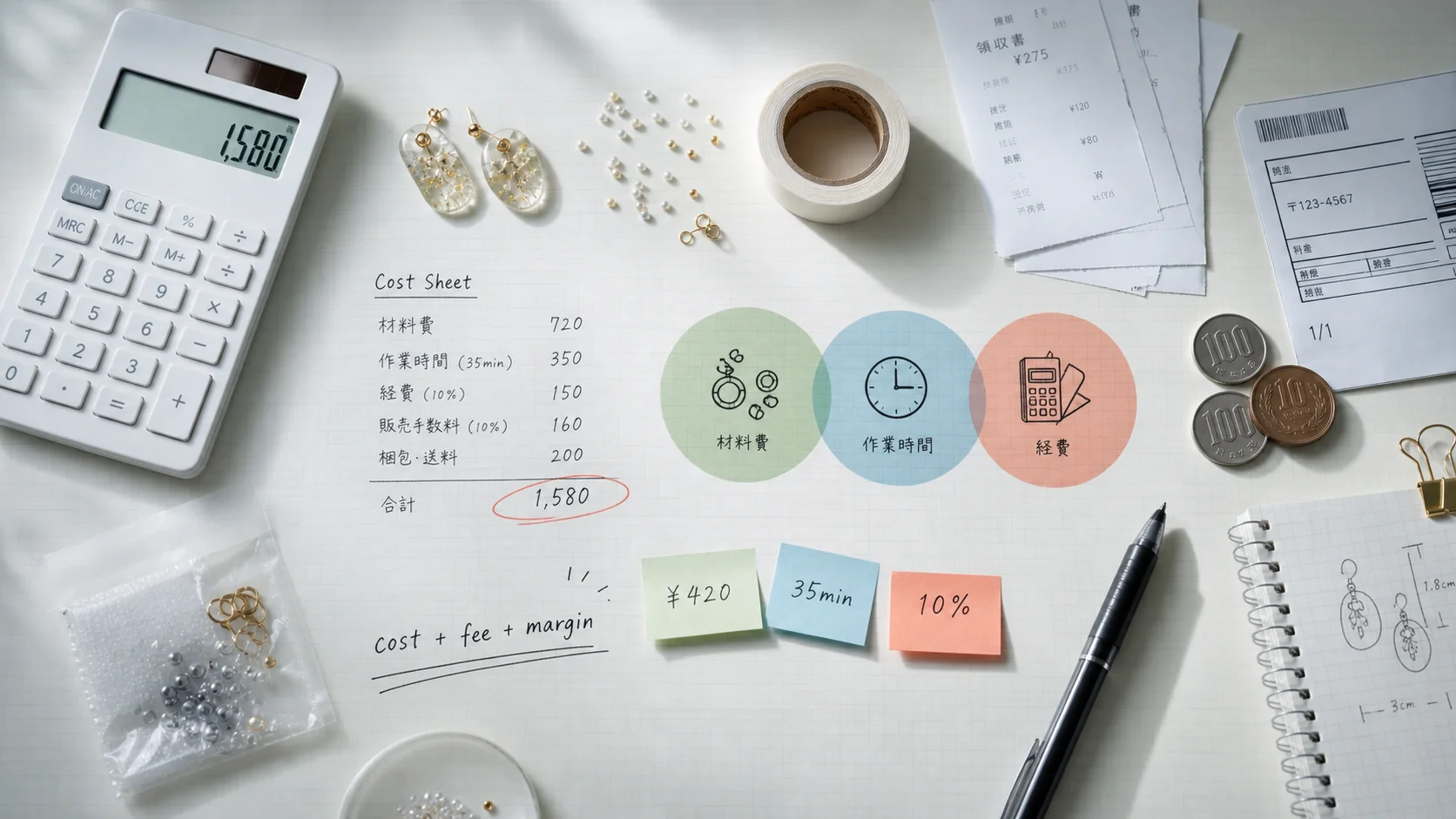 ハンドメイド原価計算表の無料エクセルテンプレート入力例
